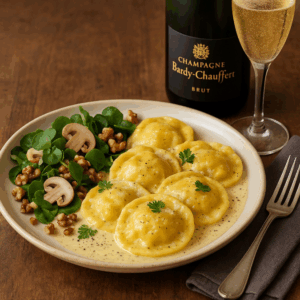 Ravioles du Dauphiné gourmet servies avec champagne Bardy-Chauffert